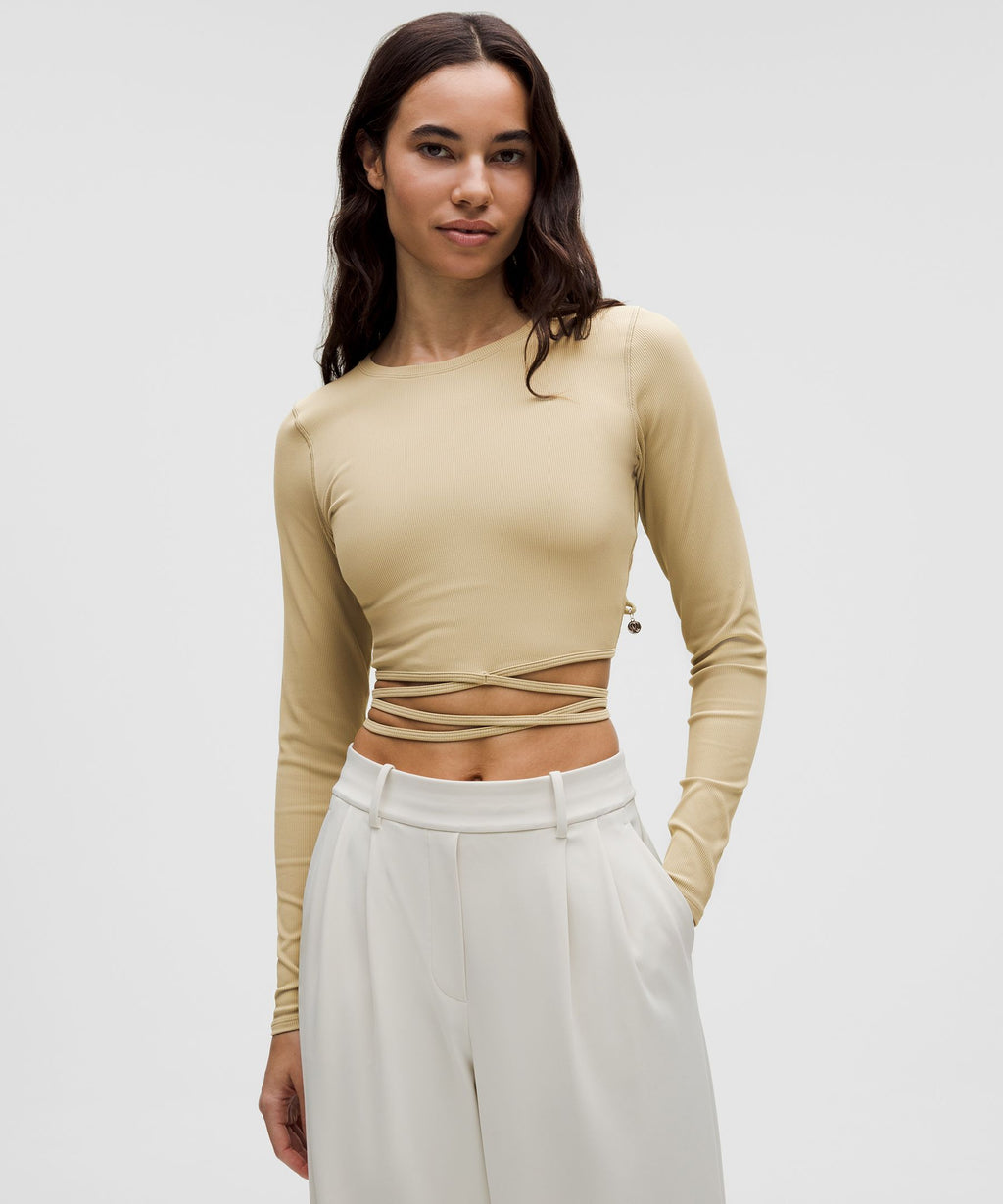 Logo Bead Ribbed Waist-Tie Long-Sleeve Shirt
